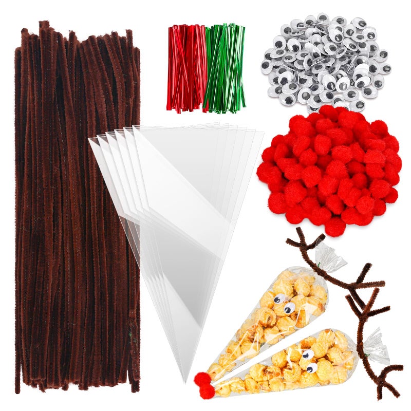 Whaline 500Pcs Christmas Cone Cellophane Bags Xmas Cone Candy Treat Bags with Pipe Cleaners Red Pompom Balls and Wiggle Eyes with 100Pcs Twist Tie Clear Popcorn Cone Bags Kit for Christmas Party